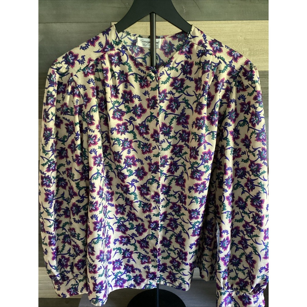 Vtg Carriage Court Womens Floral Button Down Shirt Blouse Silky Long Sleeve M